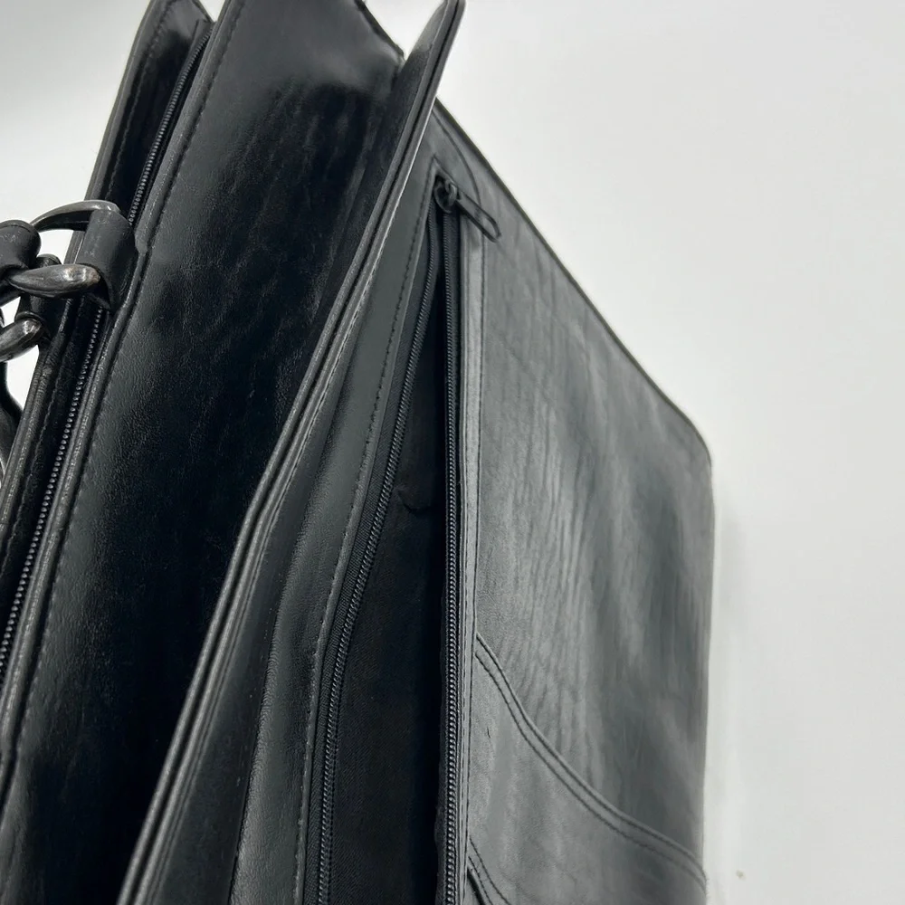 Men's Black Leather Briefcase Softshell Multi Compartment Zipper Professional